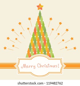 Vector stylized christmas tree with decoration, star, banner, firework. Original holiday invitation, greeting card with text box and sample lettering - Merry Christmas. Vintage decorative illustration