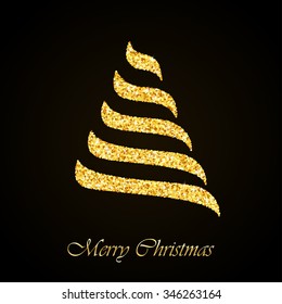 Vector Stylized Christmas tree gold glitter greeting card background 