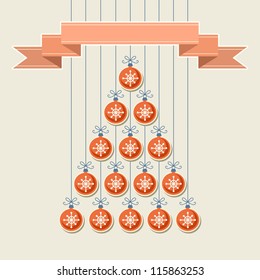Vector stylized christmas tree made from red balls with snowflakes and banner. Original holiday invitation and greeting card. Vintage winter light background. Abstract drawing decorative illustration