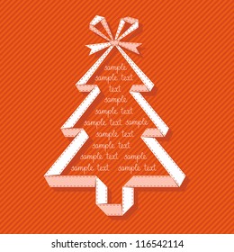 Vector stylized christmas tree made from paper ribbon with bow. Origami modern simple red background with text box for presentation. Original greeting, invitation card. Abstract drawing illustration