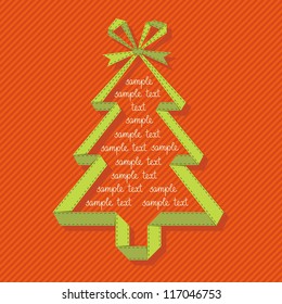 Vector stylized christmas tree made from green paper ribbon with bow. Origami modern red background with text box for presentation. Original greeting, invitation card. Abstract drawing illustration