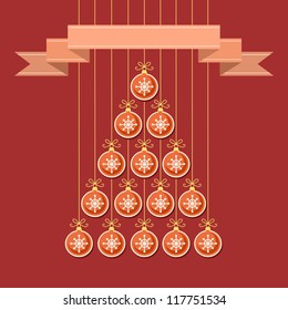 Vector stylized christmas tree made from red balls with snowflakes and banner. Original holiday invitation and greeting card. Vintage winter dark background. Abstract drawing decorative illustration
