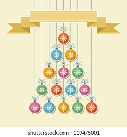 Vector stylized christmas tree made from color balls with snowflake and gold banner. Original invitation and greeting card with text box. Vintage simple background. Abstract decorative illustration