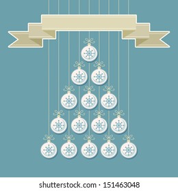 Vector stylized christmas tree made from white balls with snowflakes and banner. Original holiday invitation, greeting card. Vintage winter light background. Abstract drawing decorative illustration 