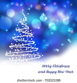 Vector stylized Christmas tree on decorative bokeh background. Merry Christmas lettering text for internet sites, gift cards, flyers and presentations. New year vector illustration