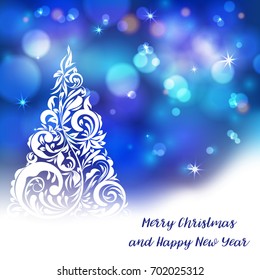 Vector stylized Christmas tree on decorative bokeh background. Merry Christmas lettering text for internet sites, gift cards, flyers and presentations. New year vector illustration