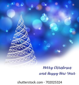 Vector stylized Christmas tree on decorative bokeh background. Merry Christmas lettering text for internet sites, gift cards, flyers and presentations. New year vector illustration