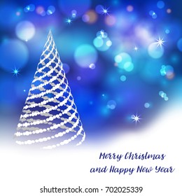 Vector stylized Christmas tree on decorative bokeh background. Merry Christmas lettering text for internet sites, gift cards, flyers and presentations. New year vector illustration