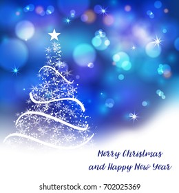 Vector stylized Christmas tree on decorative bokeh background. Merry Christmas lettering text for internet sites, gift cards, flyers and presentations. New year vector illustration