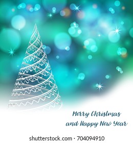 Vector stylized Christmas tree on decorative bokeh background. Merry Christmas lettering text for internet sites, gift cards, flyers and presentations. New year vector illustration
