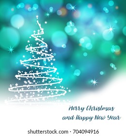 Vector stylized Christmas tree on decorative bokeh background. Merry Christmas lettering text for internet sites, gift cards, flyers and presentations. New year vector illustration
