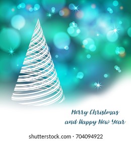 Vector stylized Christmas tree on decorative bokeh background. Merry Christmas lettering text for internet sites, gift cards, flyers and presentations. New year vector illustration
