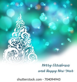 Vector stylized Christmas tree on decorative bokeh background. Merry Christmas lettering text for internet sites, gift cards, flyers and presentations. New year vector illustration
