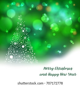 Vector stylized Christmas tree on decorative bokeh background. Merry Christmas lettering text for internet sites, gift cards, flyers and presentations. New year vector illustration