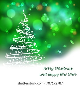 Vector stylized Christmas tree on decorative bokeh background. Merry Christmas lettering text for internet sites, gift cards, flyers and presentations. New year vector illustration