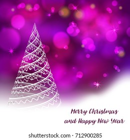 Vector stylized Christmas tree on decorative bokeh background. Merry Christmas lettering text for internet sites, gift cards, flyers and presentations. New year vector illustration