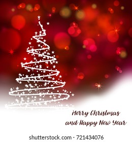 Vector stylized Christmas tree on decorative bokeh background. Merry Christmas lettering text for internet sites, gift cards, flyers and presentations. New year vector illustration
