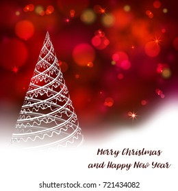 Vector stylized Christmas tree on decorative bokeh background. Merry Christmas lettering text for internet sites, gift cards, flyers and presentations. New year vector illustration