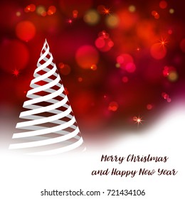 Vector stylized Christmas tree on decorative bokeh background. Merry Christmas lettering text for internet sites, gift cards, flyers and presentations. New year vector illustration