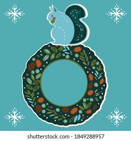 La flor de navidad estilizada vectorial con una ardilla linda. Ilustración dibujada a mano con estilizadas cavernas sobre la decoración navideña sobre fondo azul. Perfecto para proyectos navideños alegres.