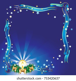 Vector stylized Christmas wreath on blue background with ribbons and stars. Happy New Year 2018 and Merry Christmas greeting card with a place for your text. Can be used as a banner, flyer, brochure