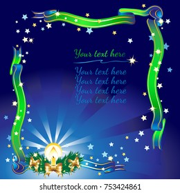 Vector stylized Christmas wreath on blue background with ribbons and stars. Happy New Year 2018 and Merry Christmas greeting card with a place for your text. Can be used as a banner, flyer, brochure