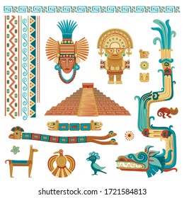 Vector stylized color set of symbols and patterns in the style of the Aztecs and Mayans