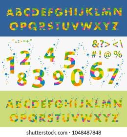 Vector of stylized colorful font and alphabet. The spring palette. Capital letters and numbers