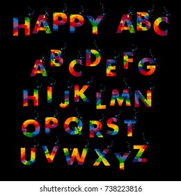 Vector of stylized colorful font and alphabet with confetti on a black background. Vector illustration