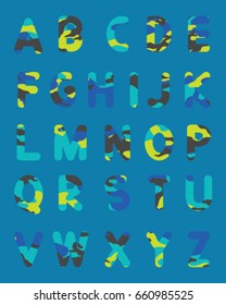 Vector of stylized colorful font and alphabet.Font style, vector design template.Funny alphabet letters,camouflage style.