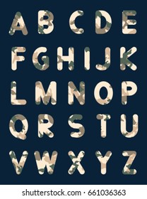 Vector of stylized colorful font and alphabet.Font style, vector design template.Funny alphabet letters,camouflage style.