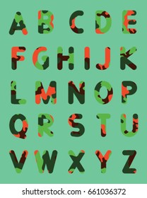 Vector of stylized colorful font and alphabet.Font style, vector design template.Funny alphabet letters,camouflage style.