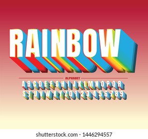 Vector or Stylized Colorful font design, alphabet letters , font named “ Rainbow” with label design. Numbers and symbols for labels,Titles,posters .