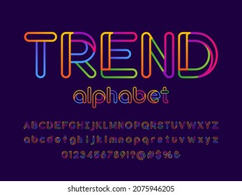 Vector of stylized colorful lines alphabet design with uppercase, lowercase, numbers and symbols