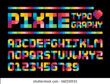 Vector of stylized colorful pixel font and alphabet