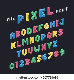 Vector of stylized colorful pixel font and alphabet.