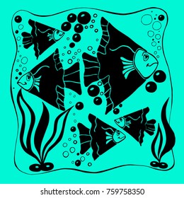 Vector stylized composition of funny fishes on blue background