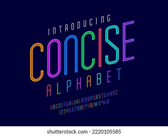 Vector of stylized condensed alphabet design with uppercase, numbers and symbols