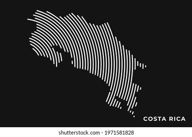 Vector of Stylized Costa Rica Map in Simple Striped White Flat Line on Black Background.