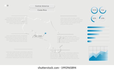 Vector of Stylized Costa Rica Map in Simple; Soft; and Clear Futuristic Neumorphism Design on White Background. Minimalistic White Infographic 3D paper cut for User Interface Element.