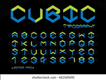 Vector of stylized cubical font and alphabet