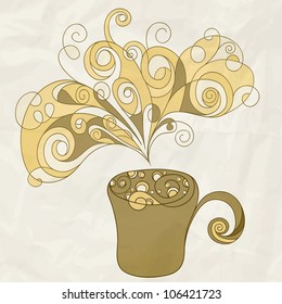 vector stylized cup of coffee with bubbles and steam on crumpled paper texture, eps 10, mesh