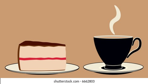  Vector Stylized cup of coffee and slice of cake on plate. Each object on a separate layer. Plates are complete.