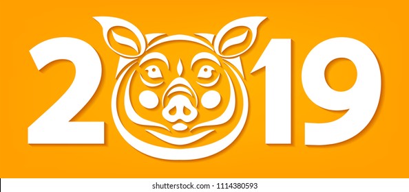 Vector stylized cut out paper white pig face with numbers 2019 new year on yellow background greeting card template