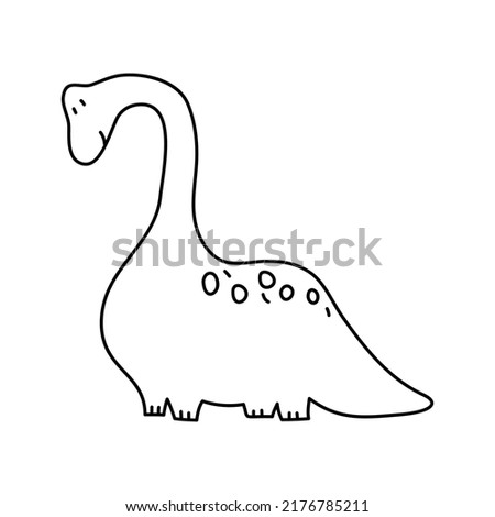 Vector Stylized cute monoline dinosaur Brachiosaurus isolated on white background. Kids dino for children and adults. Doodle simple baby style. Print on fabric stock illustration.