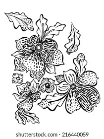 vector stylized decorative flowers and leafs isolated on white from hand sketch. dots and spots.