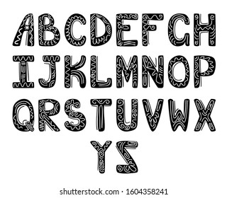 Vector of stylized decorative font and alphabet. Cute and funny alphabet isolated on the white background