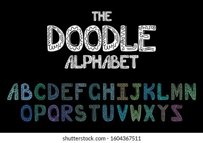 Vector of stylized decorative font and alphabet. Cute and funny alphabet in doodle style