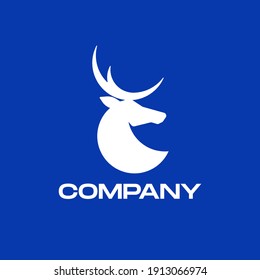 Vector, stylized deer silhouette, solid  white logo on blue background with text – company