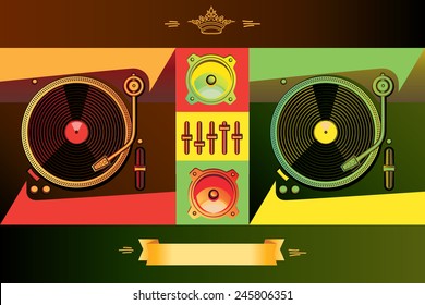Vector stylized dj's turntables in reggae colors